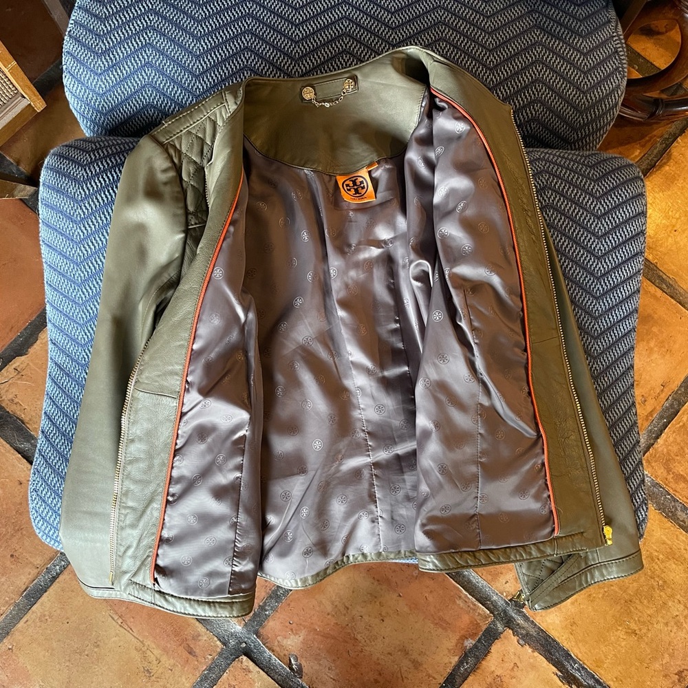 Tory Burch XL Leather Jacket Quilted Taupe/Gray Moto Style EUC - Picture 7 of 12
